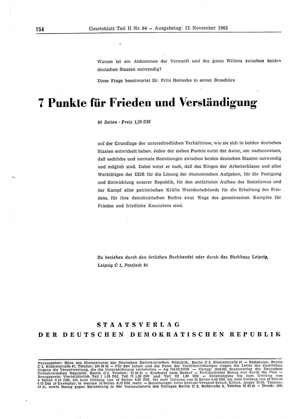 Gesetzblatt (GBl.) der Deutschen Demokratischen Republik (DDR) Teil ⅠⅠ 1963, Seite 754 (GBl. DDR ⅠⅠ 1963, S. 754)