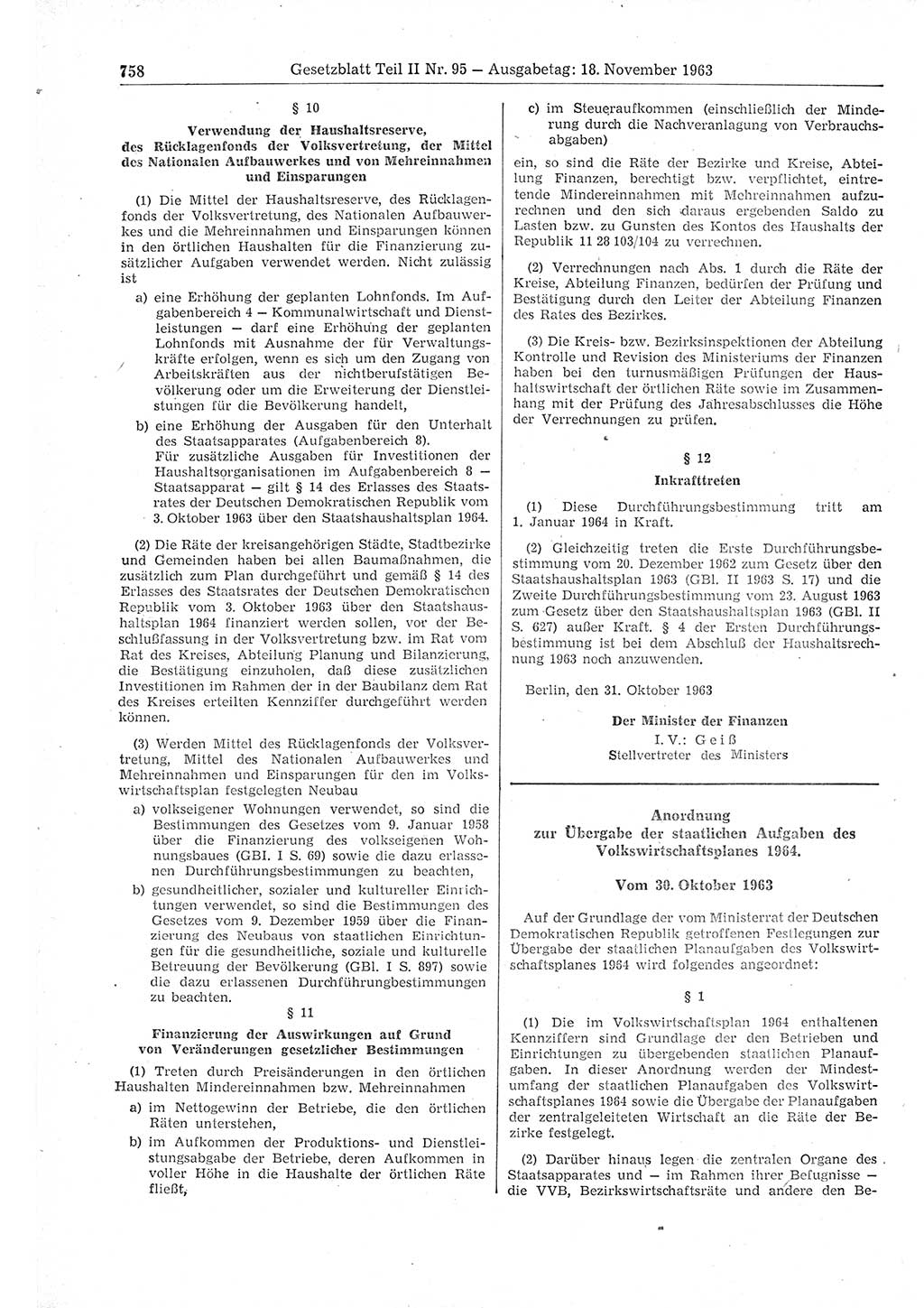 Gesetzblatt (GBl.) der Deutschen Demokratischen Republik (DDR) Teil ⅠⅠ 1963, Seite 758 (GBl. DDR ⅠⅠ 1963, S. 758)