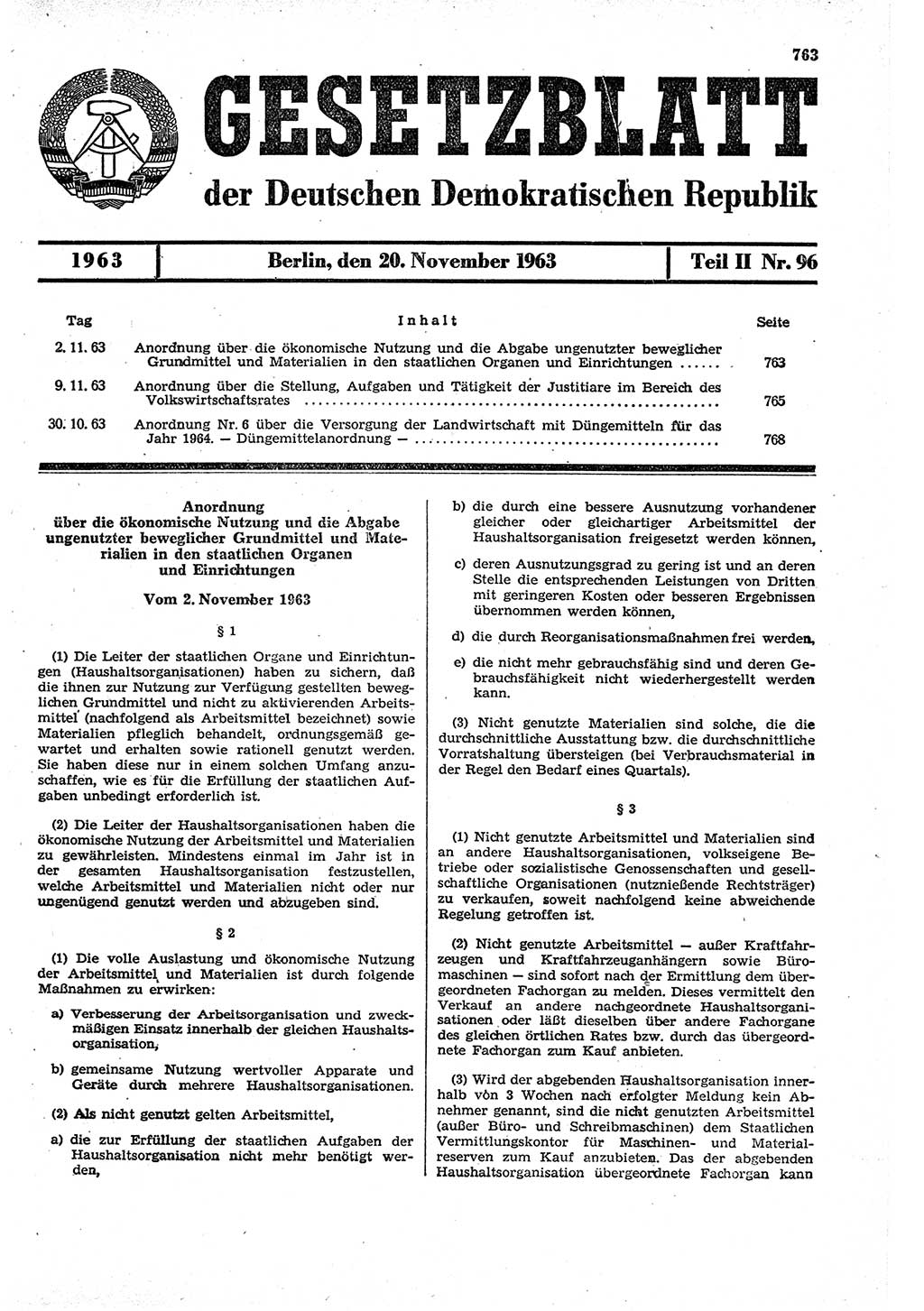 Gesetzblatt (GBl.) der Deutschen Demokratischen Republik (DDR) Teil ⅠⅠ 1963, Seite 763 (GBl. DDR ⅠⅠ 1963, S. 763)