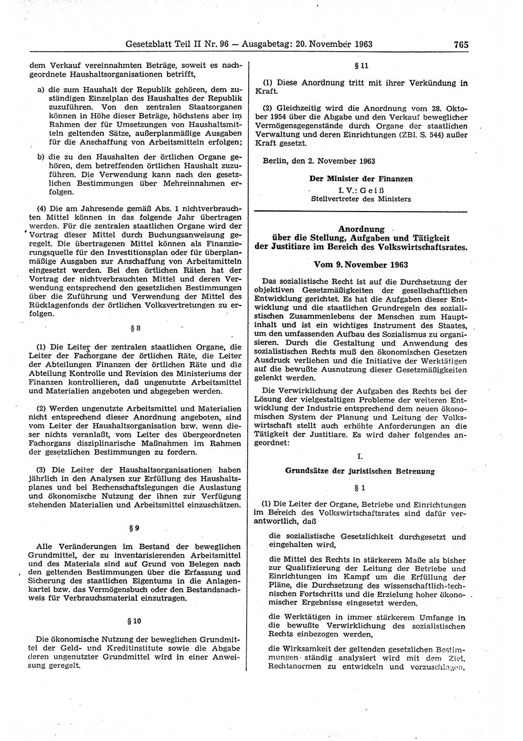 Gesetzblatt (GBl.) der Deutschen Demokratischen Republik (DDR) Teil ⅠⅠ 1963, Seite 765 (GBl. DDR ⅠⅠ 1963, S. 765)
