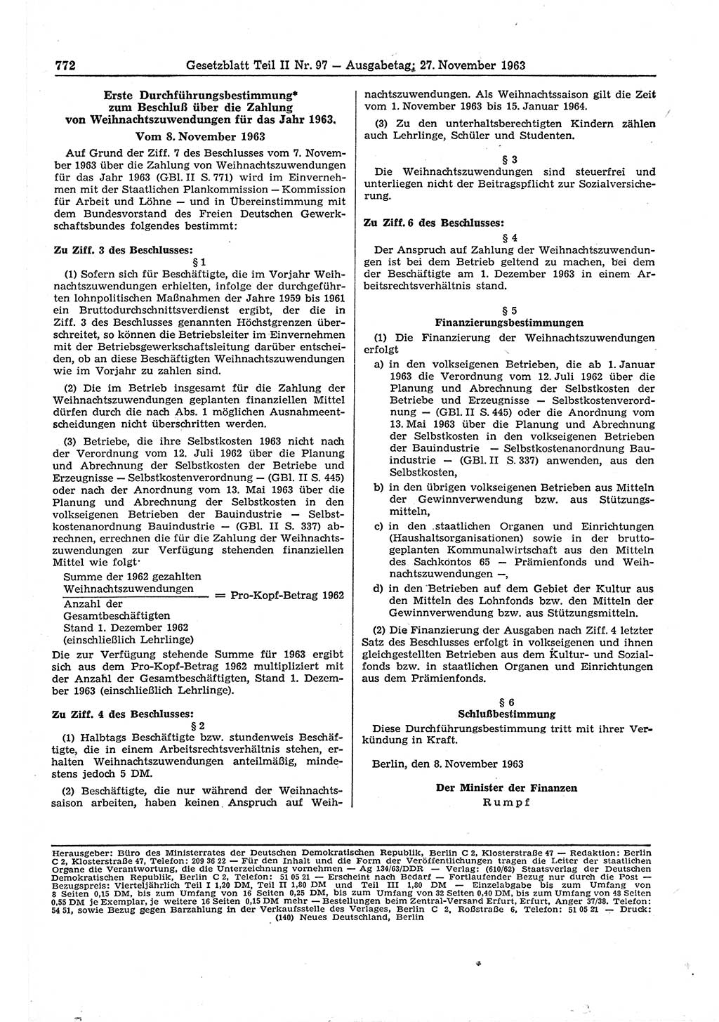 Gesetzblatt (GBl.) der Deutschen Demokratischen Republik (DDR) Teil ⅠⅠ 1963, Seite 772 (GBl. DDR ⅠⅠ 1963, S. 772)