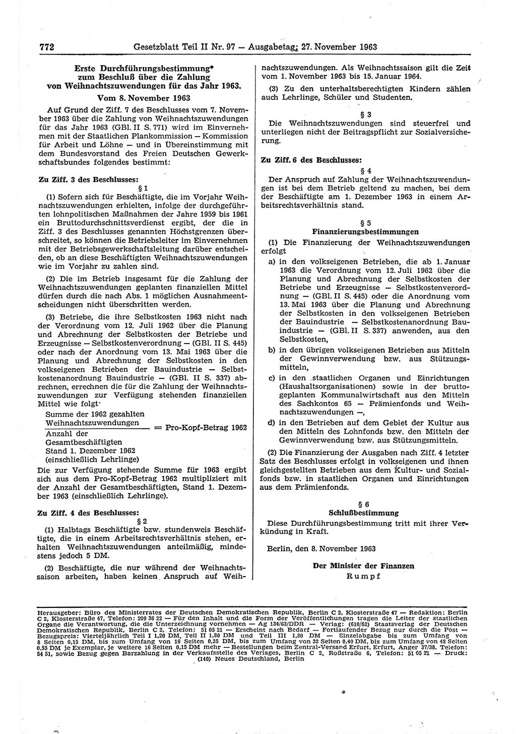 Gesetzblatt (GBl.) der Deutschen Demokratischen Republik (DDR) Teil ⅠⅠ 1963, Seite 772 (GBl. DDR ⅠⅠ 1963, S. 772)