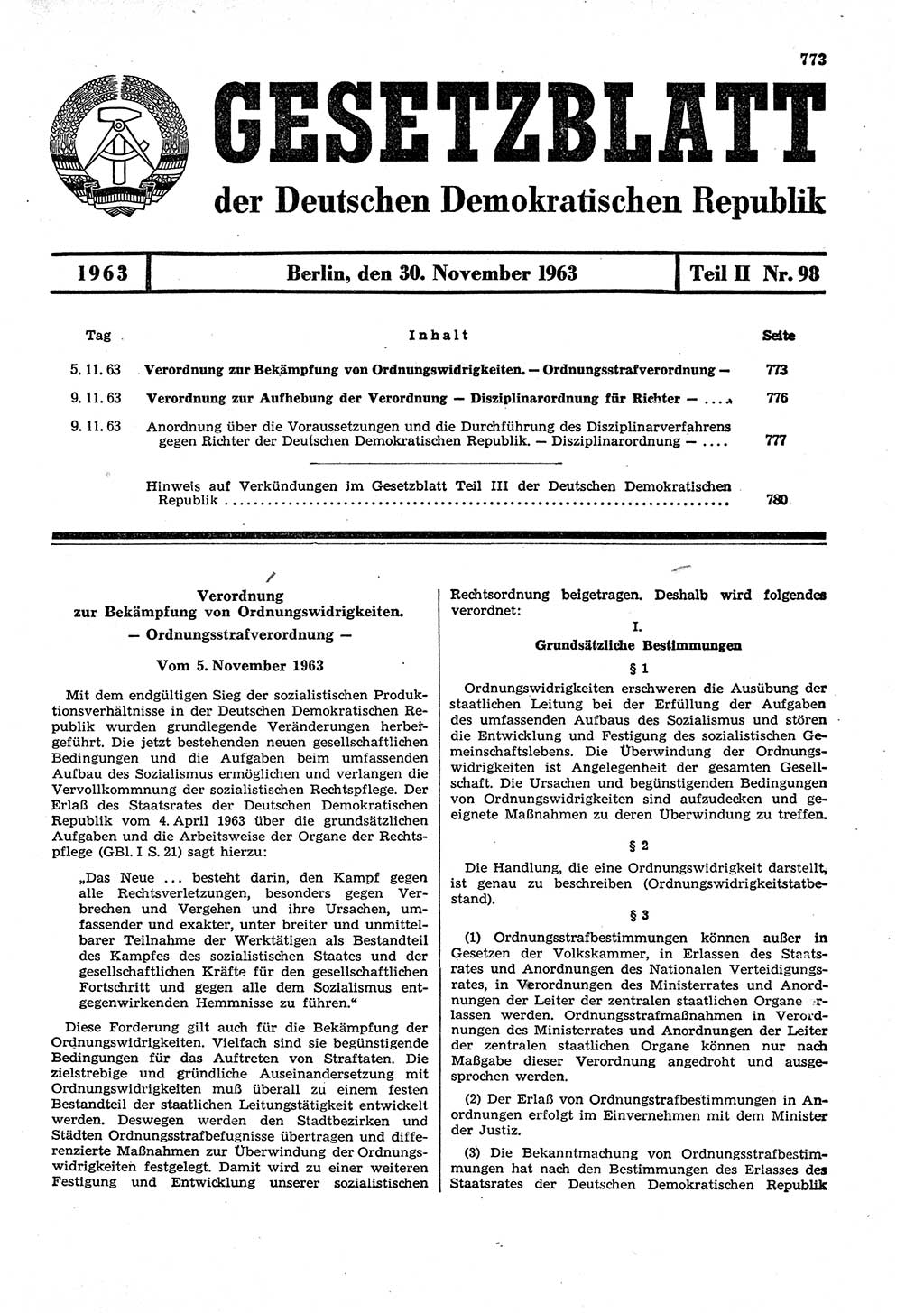 Gesetzblatt (GBl.) der Deutschen Demokratischen Republik (DDR) Teil ⅠⅠ 1963, Seite 773 (GBl. DDR ⅠⅠ 1963, S. 773)