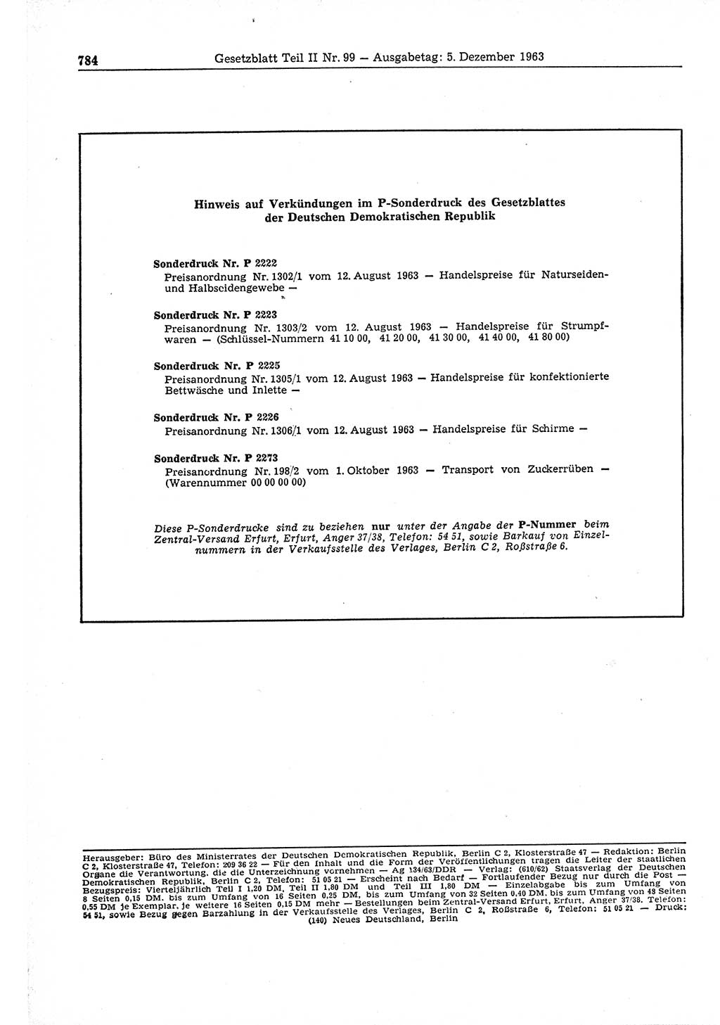 Gesetzblatt (GBl.) der Deutschen Demokratischen Republik (DDR) Teil ⅠⅠ 1963, Seite 784 (GBl. DDR ⅠⅠ 1963, S. 784)