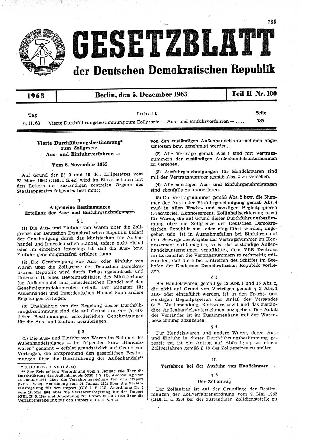 Gesetzblatt (GBl.) der Deutschen Demokratischen Republik (DDR) Teil ⅠⅠ 1963, Seite 785 (GBl. DDR ⅠⅠ 1963, S. 785)