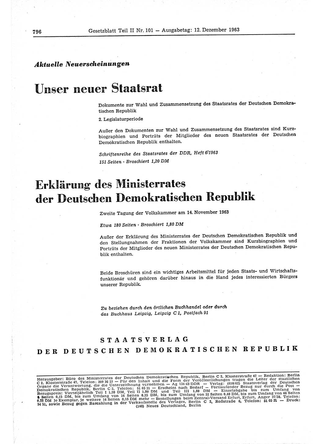 Gesetzblatt (GBl.) der Deutschen Demokratischen Republik (DDR) Teil ⅠⅠ 1963, Seite 796 (GBl. DDR ⅠⅠ 1963, S. 796)