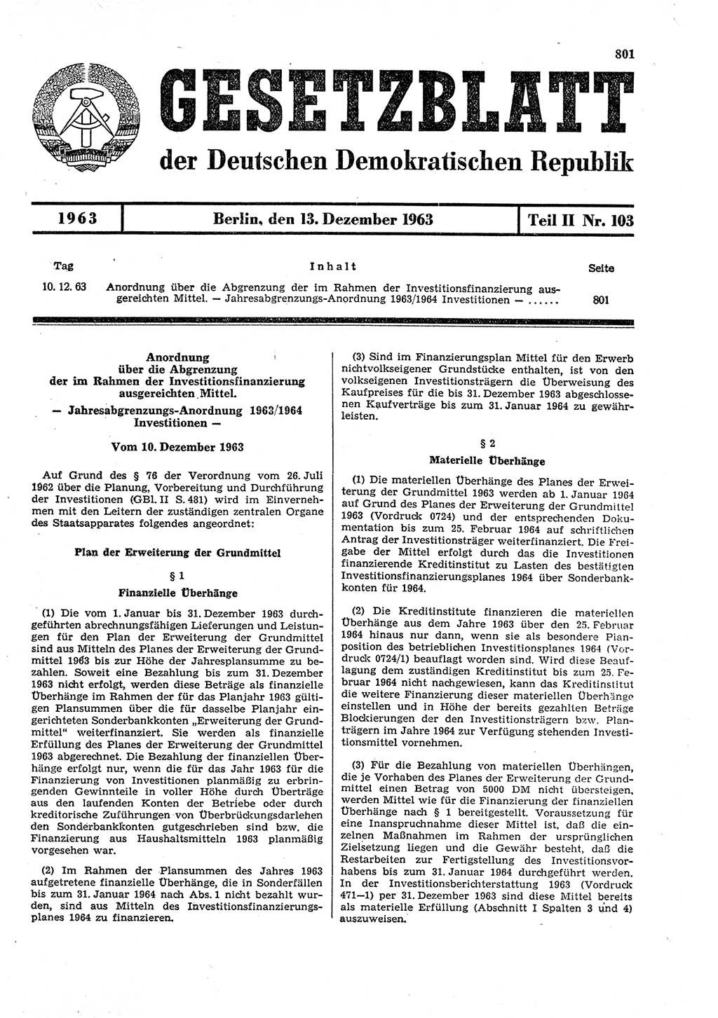 Gesetzblatt (GBl.) der Deutschen Demokratischen Republik (DDR) Teil ⅠⅠ 1963, Seite 801 (GBl. DDR ⅠⅠ 1963, S. 801)
