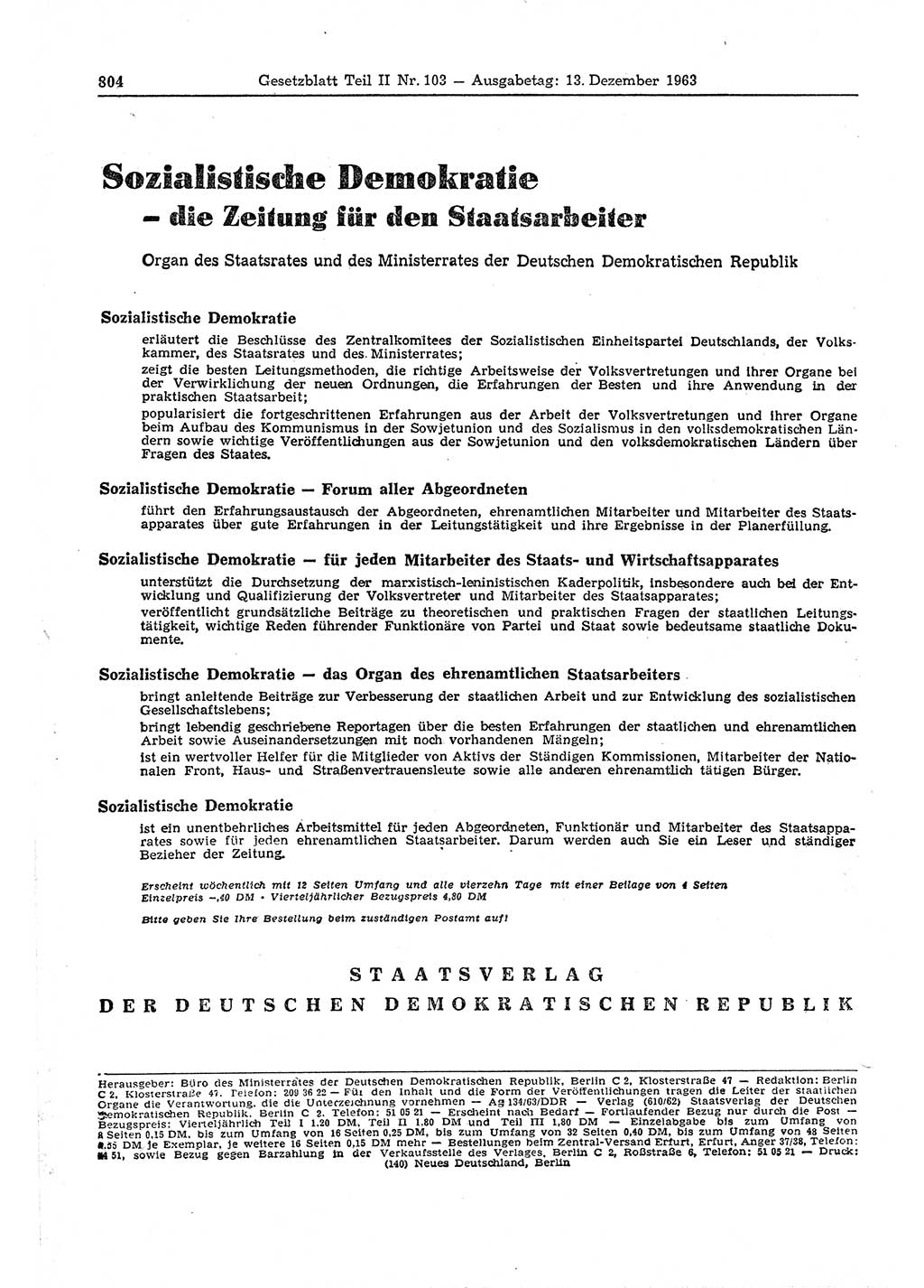 Gesetzblatt (GBl.) der Deutschen Demokratischen Republik (DDR) Teil ⅠⅠ 1963, Seite 804 (GBl. DDR ⅠⅠ 1963, S. 804)