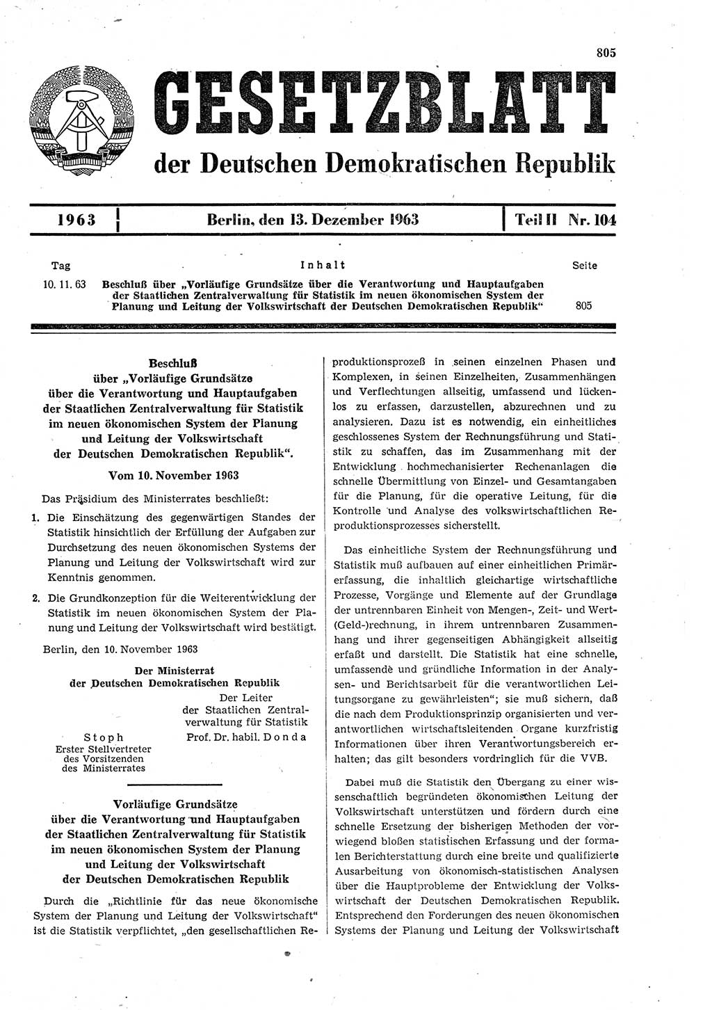 Gesetzblatt (GBl.) der Deutschen Demokratischen Republik (DDR) Teil ⅠⅠ 1963, Seite 805 (GBl. DDR ⅠⅠ 1963, S. 805)