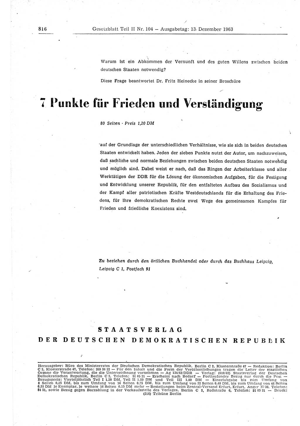 Gesetzblatt (GBl.) der Deutschen Demokratischen Republik (DDR) Teil ⅠⅠ 1963, Seite 816 (GBl. DDR ⅠⅠ 1963, S. 816)