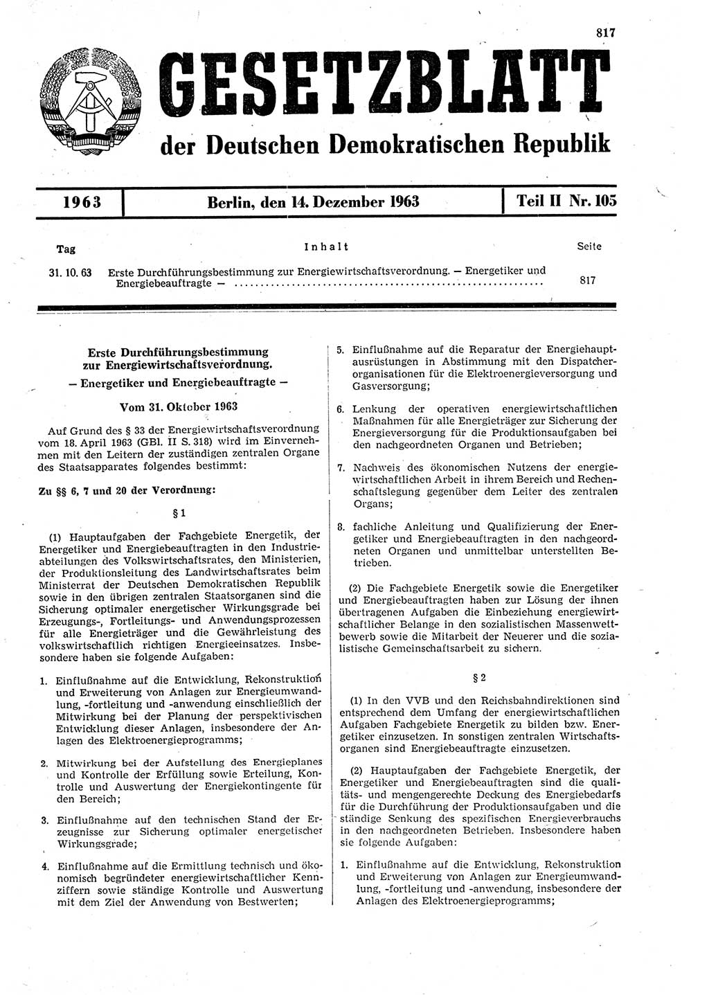Gesetzblatt (GBl.) der Deutschen Demokratischen Republik (DDR) Teil ⅠⅠ 1963, Seite 817 (GBl. DDR ⅠⅠ 1963, S. 817)