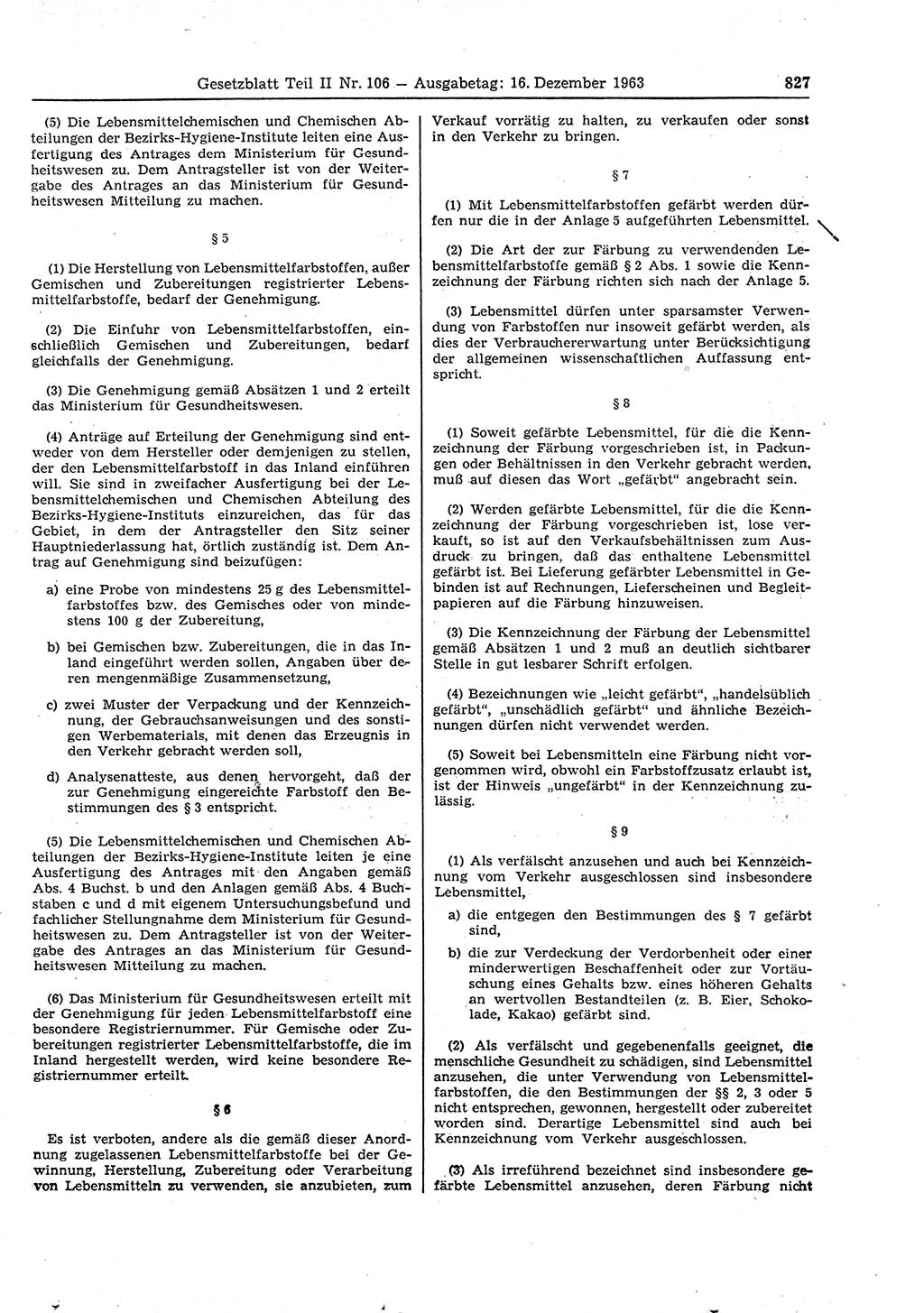 Gesetzblatt (GBl.) der Deutschen Demokratischen Republik (DDR) Teil ⅠⅠ 1963, Seite 827 (GBl. DDR ⅠⅠ 1963, S. 827)