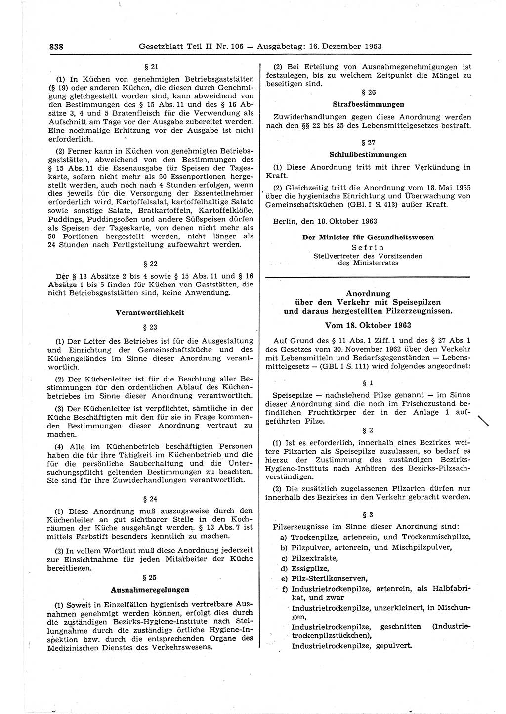 Gesetzblatt (GBl.) der Deutschen Demokratischen Republik (DDR) Teil ⅠⅠ 1963, Seite 838 (GBl. DDR ⅠⅠ 1963, S. 838)