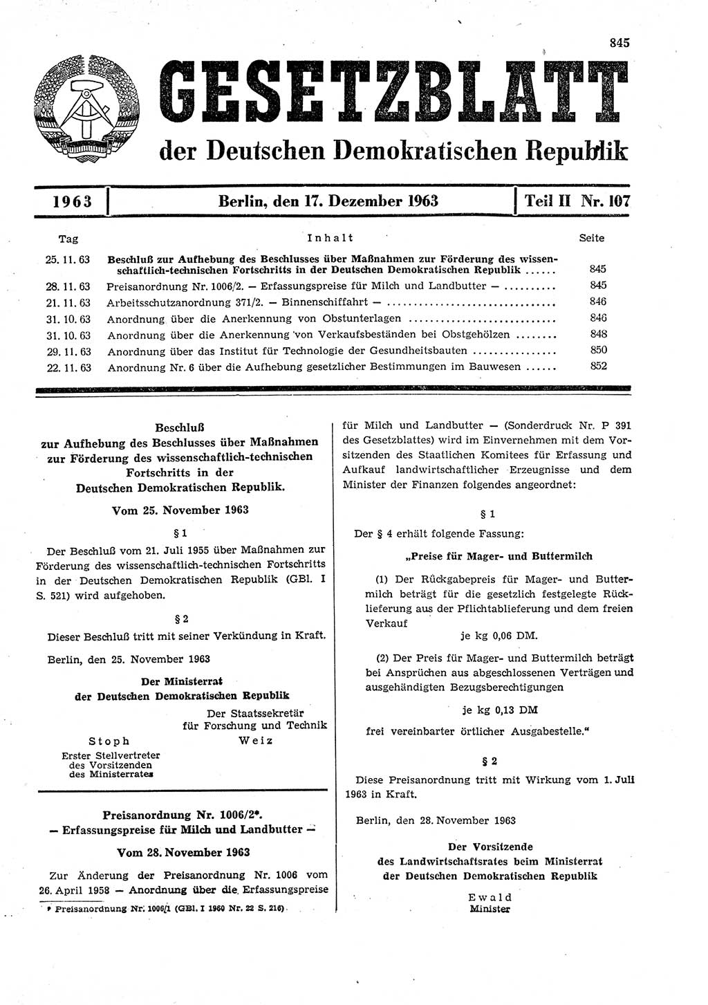 Gesetzblatt (GBl.) der Deutschen Demokratischen Republik (DDR) Teil ⅠⅠ 1963, Seite 845 (GBl. DDR ⅠⅠ 1963, S. 845)