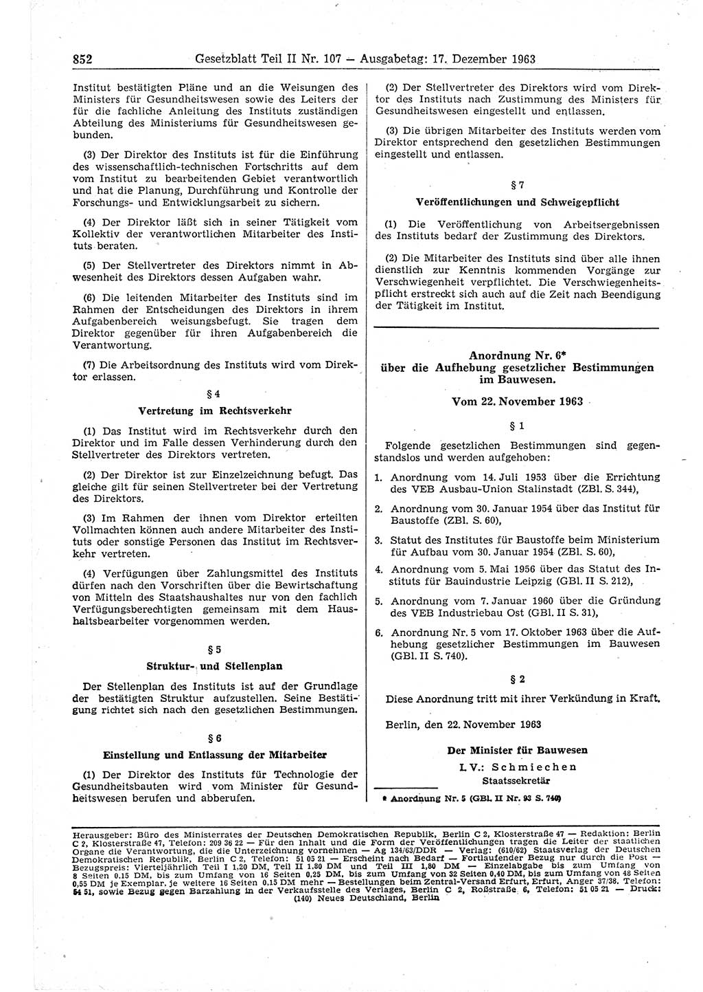 Gesetzblatt (GBl.) der Deutschen Demokratischen Republik (DDR) Teil ⅠⅠ 1963, Seite 852 (GBl. DDR ⅠⅠ 1963, S. 852)