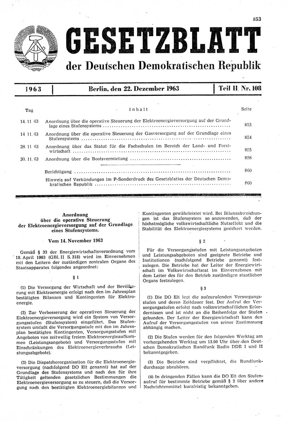 Gesetzblatt (GBl.) der Deutschen Demokratischen Republik (DDR) Teil ⅠⅠ 1963, Seite 853 (GBl. DDR ⅠⅠ 1963, S. 853)