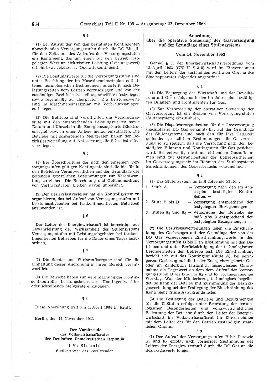 Gesetzblatt (GBl.) der Deutschen Demokratischen Republik (DDR) Teil ⅠⅠ 1963, Seite 854 (GBl. DDR ⅠⅠ 1963, S. 854)