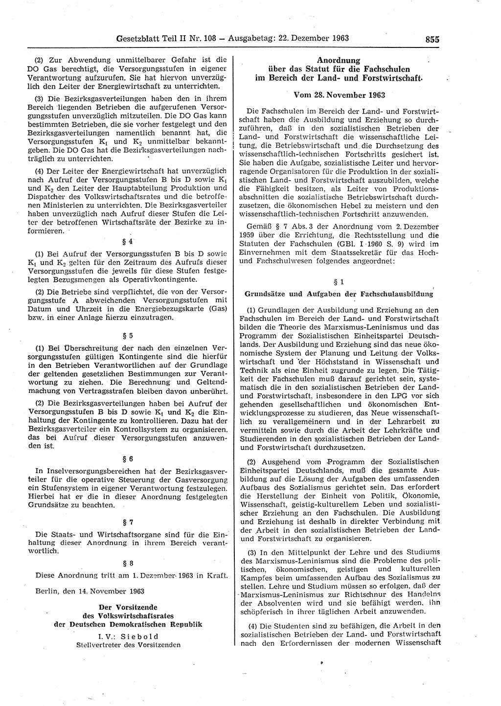 Gesetzblatt (GBl.) der Deutschen Demokratischen Republik (DDR) Teil ⅠⅠ 1963, Seite 855 (GBl. DDR ⅠⅠ 1963, S. 855)