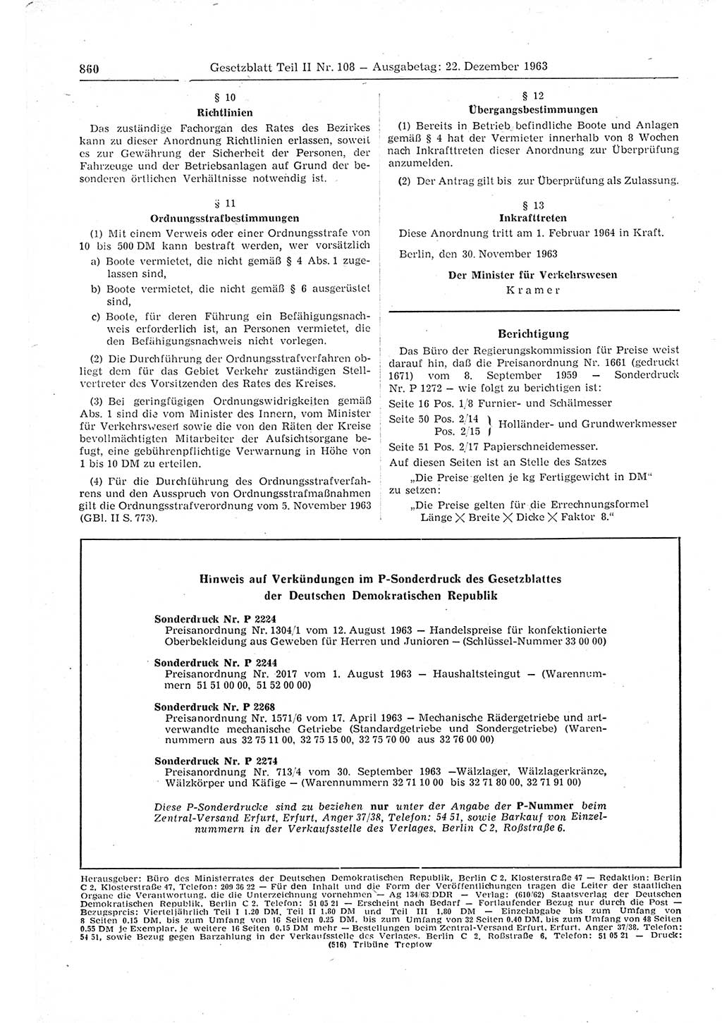 Gesetzblatt (GBl.) der Deutschen Demokratischen Republik (DDR) Teil ⅠⅠ 1963, Seite 860 (GBl. DDR ⅠⅠ 1963, S. 860)