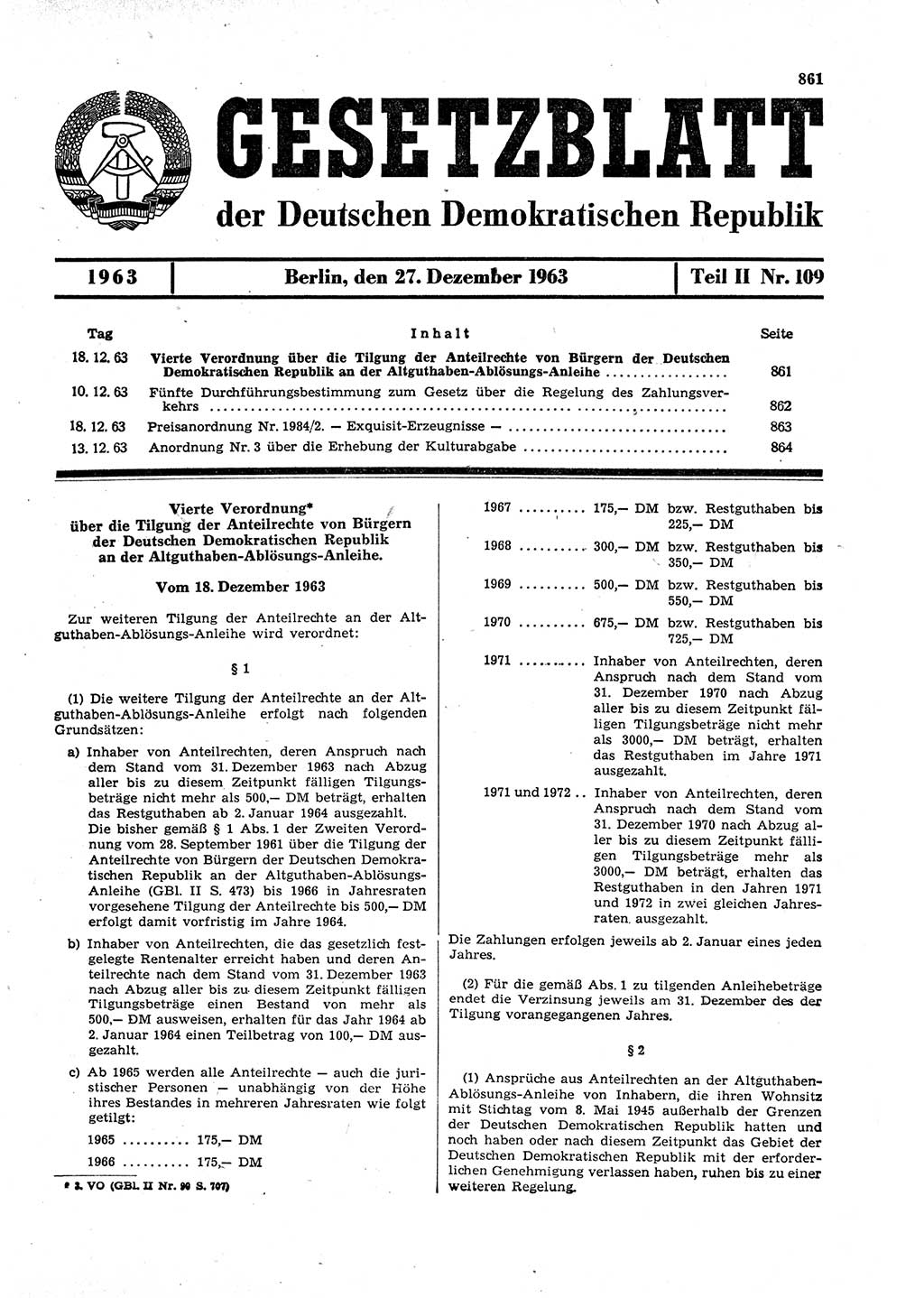 Gesetzblatt (GBl.) der Deutschen Demokratischen Republik (DDR) Teil ⅠⅠ 1963, Seite 861 (GBl. DDR ⅠⅠ 1963, S. 861)