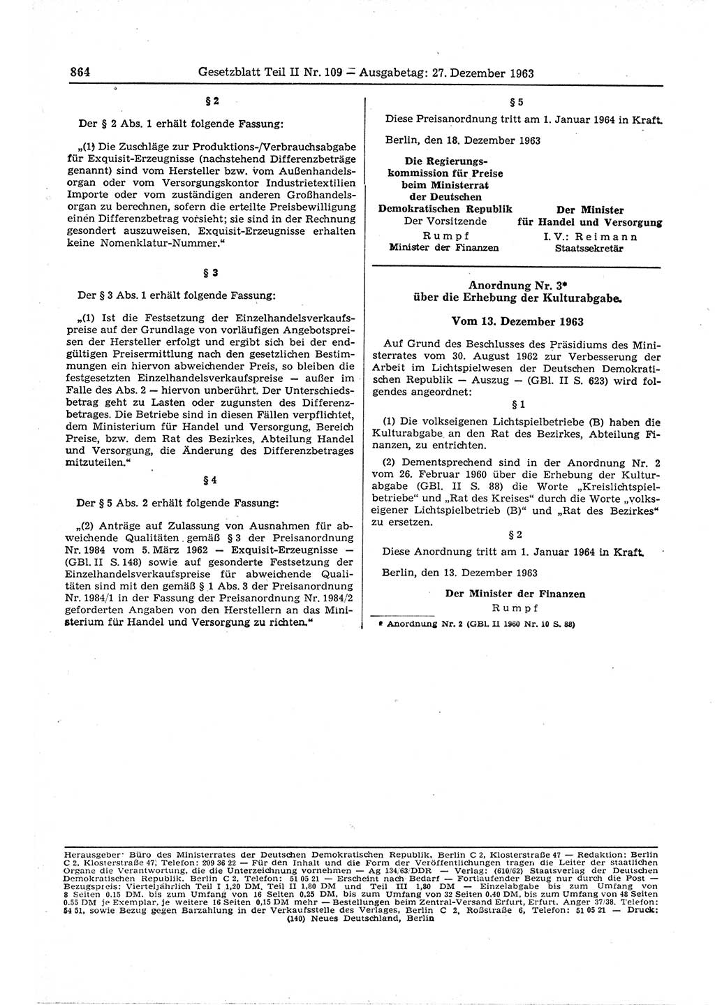 Gesetzblatt (GBl.) der Deutschen Demokratischen Republik (DDR) Teil ⅠⅠ 1963, Seite 864 (GBl. DDR ⅠⅠ 1963, S. 864)