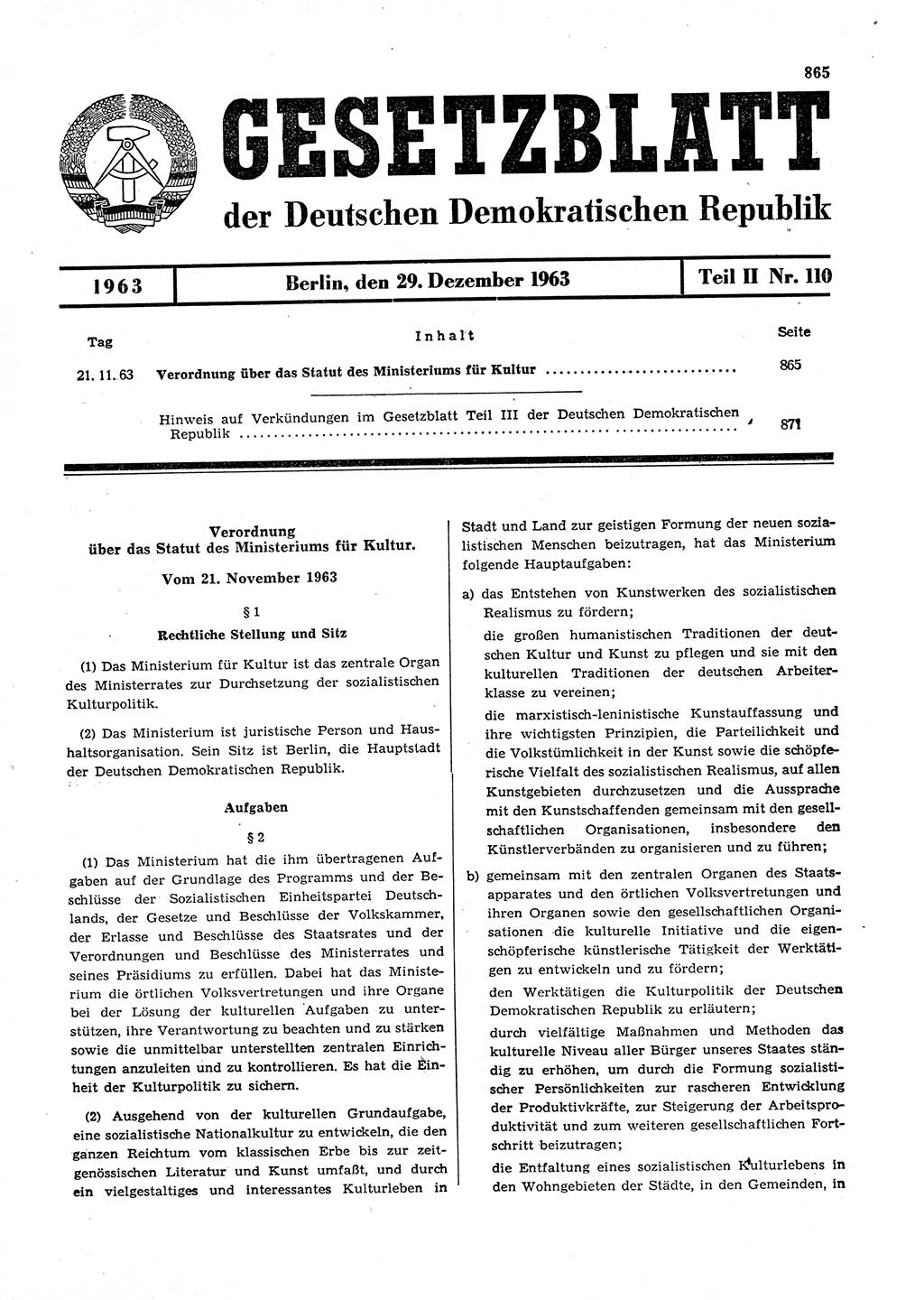 Gesetzblatt (GBl.) der Deutschen Demokratischen Republik (DDR) Teil ⅠⅠ 1963, Seite 865 (GBl. DDR ⅠⅠ 1963, S. 865)