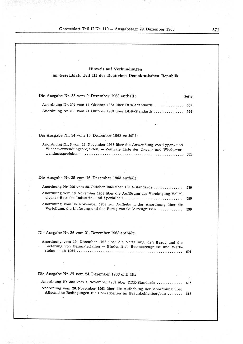 Gesetzblatt (GBl.) der Deutschen Demokratischen Republik (DDR) Teil ⅠⅠ 1963, Seite 871 (GBl. DDR ⅠⅠ 1963, S. 871)