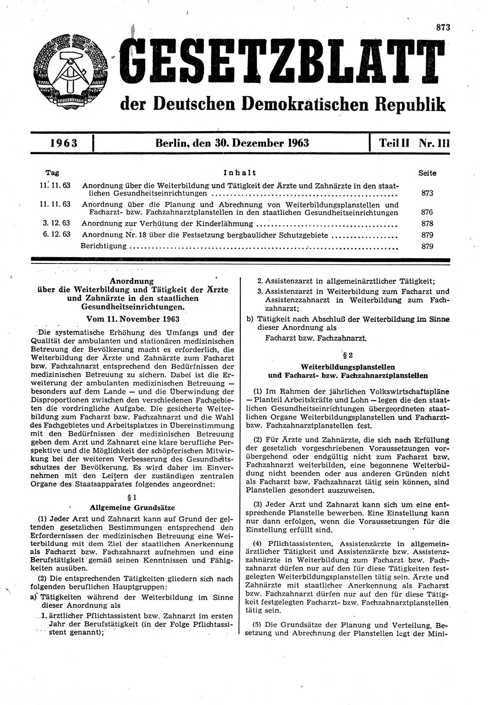Gesetzblatt (GBl.) der Deutschen Demokratischen Republik (DDR) Teil ⅠⅠ 1963, Seite 873 (GBl. DDR ⅠⅠ 1963, S. 873)