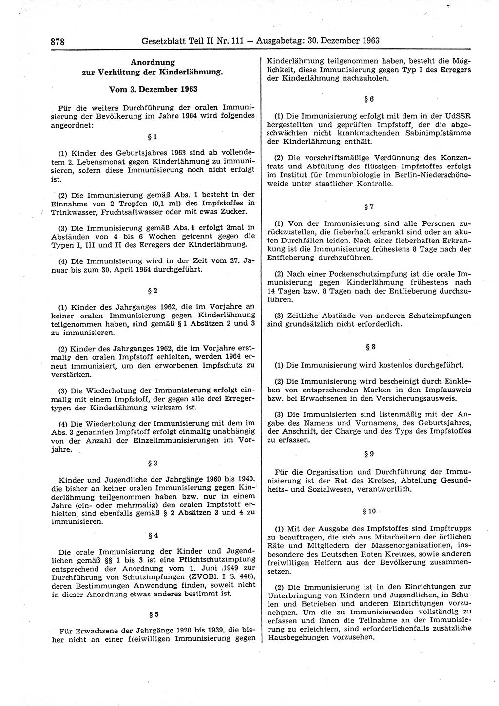 Gesetzblatt (GBl.) der Deutschen Demokratischen Republik (DDR) Teil ⅠⅠ 1963, Seite 878 (GBl. DDR ⅠⅠ 1963, S. 878)