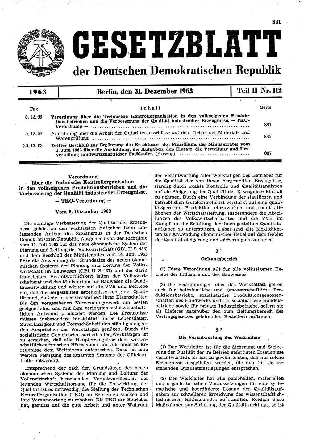 Gesetzblatt (GBl.) der Deutschen Demokratischen Republik (DDR) Teil ⅠⅠ 1963, Seite 881 (GBl. DDR ⅠⅠ 1963, S. 881)