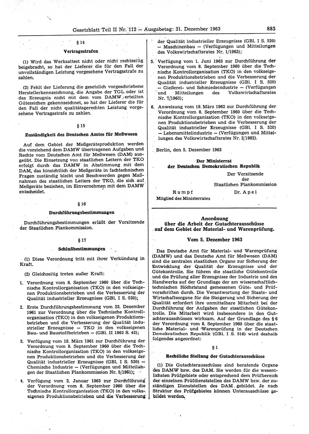 Gesetzblatt (GBl.) der Deutschen Demokratischen Republik (DDR) Teil ⅠⅠ 1963, Seite 885 (GBl. DDR ⅠⅠ 1963, S. 885)