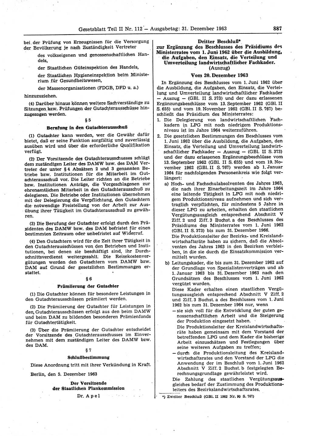 Gesetzblatt (GBl.) der Deutschen Demokratischen Republik (DDR) Teil ⅠⅠ 1963, Seite 887 (GBl. DDR ⅠⅠ 1963, S. 887)