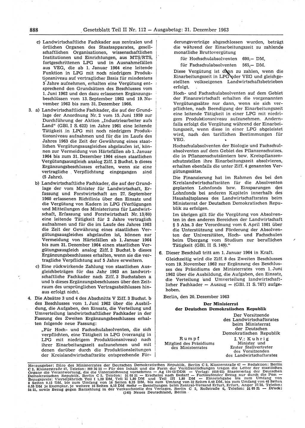 Gesetzblatt (GBl.) der Deutschen Demokratischen Republik (DDR) Teil ⅠⅠ 1963, Seite 888 (GBl. DDR ⅠⅠ 1963, S. 888)