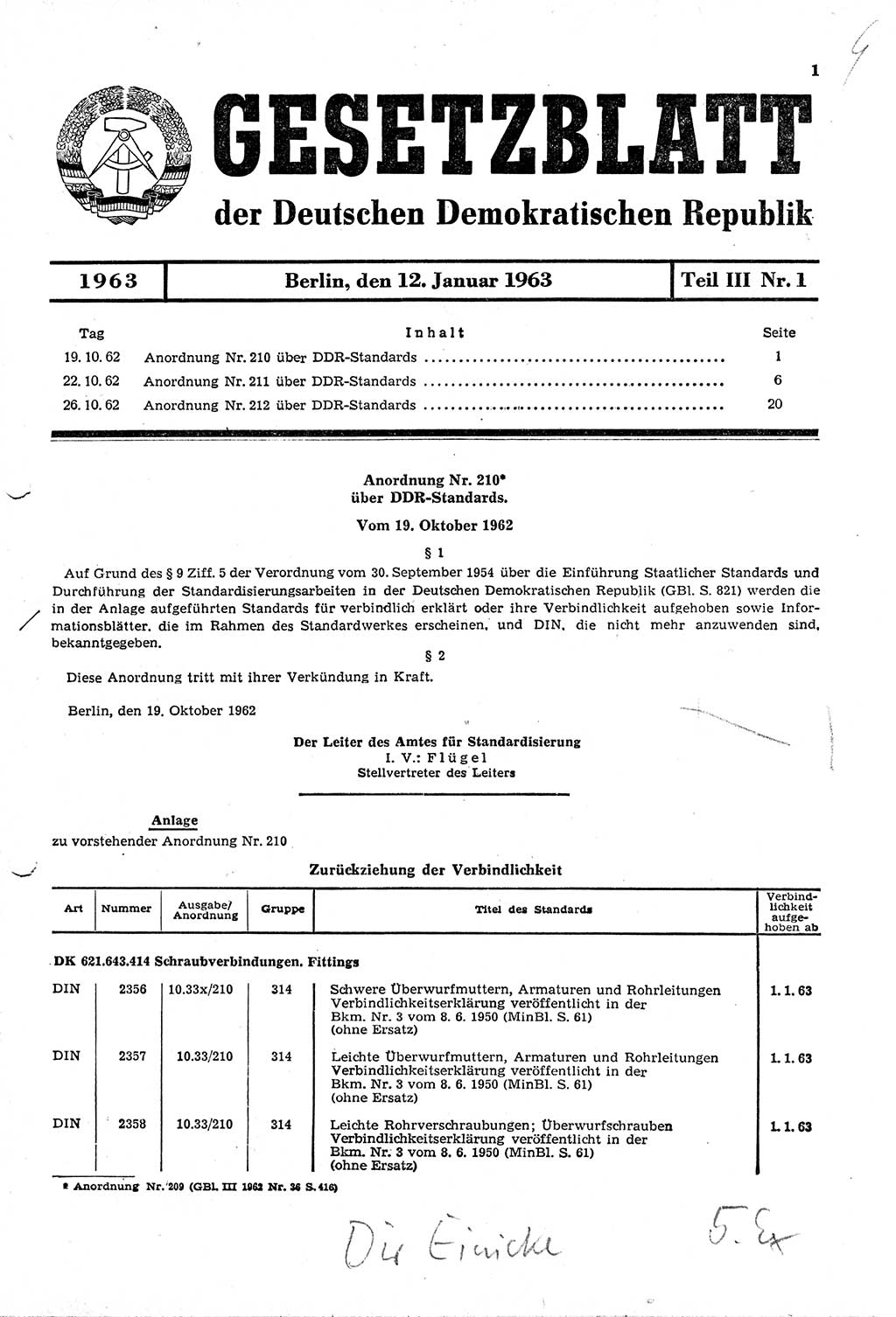 Gesetzblatt (GBl.) der Deutschen Demokratischen Republik (DDR) Teil ⅠⅠⅠ 1963, Seite 1 (GBl. DDR ⅠⅠⅠ 1963, S. 1)