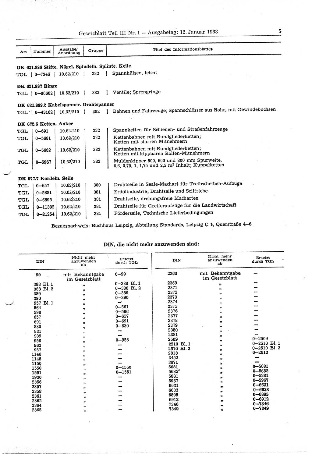 Gesetzblatt (GBl.) der Deutschen Demokratischen Republik (DDR) Teil ⅠⅠⅠ 1963, Seite 5 (GBl. DDR ⅠⅠⅠ 1963, S. 5)