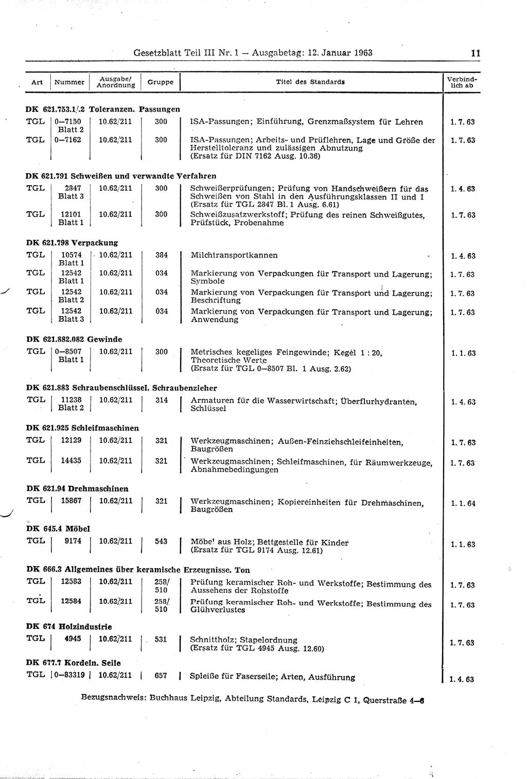 Gesetzblatt (GBl.) der Deutschen Demokratischen Republik (DDR) Teil ⅠⅠⅠ 1963, Seite 11 (GBl. DDR ⅠⅠⅠ 1963, S. 11)