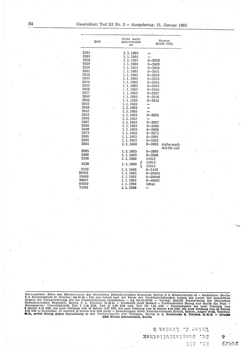 Gesetzblatt (GBl.) der Deutschen Demokratischen Republik (DDR) Teil ⅠⅠⅠ 1963, Seite 34 (GBl. DDR ⅠⅠⅠ 1963, S. 34)