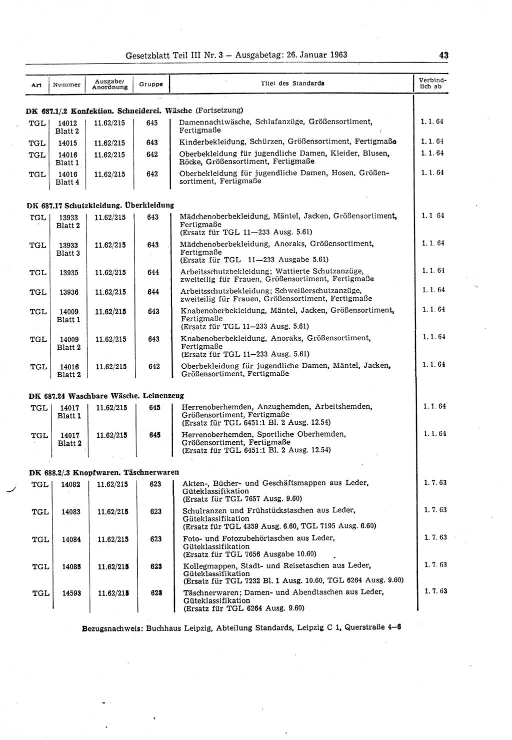 Gesetzblatt (GBl.) der Deutschen Demokratischen Republik (DDR) Teil ⅠⅠⅠ 1963, Seite 43 (GBl. DDR ⅠⅠⅠ 1963, S. 43)