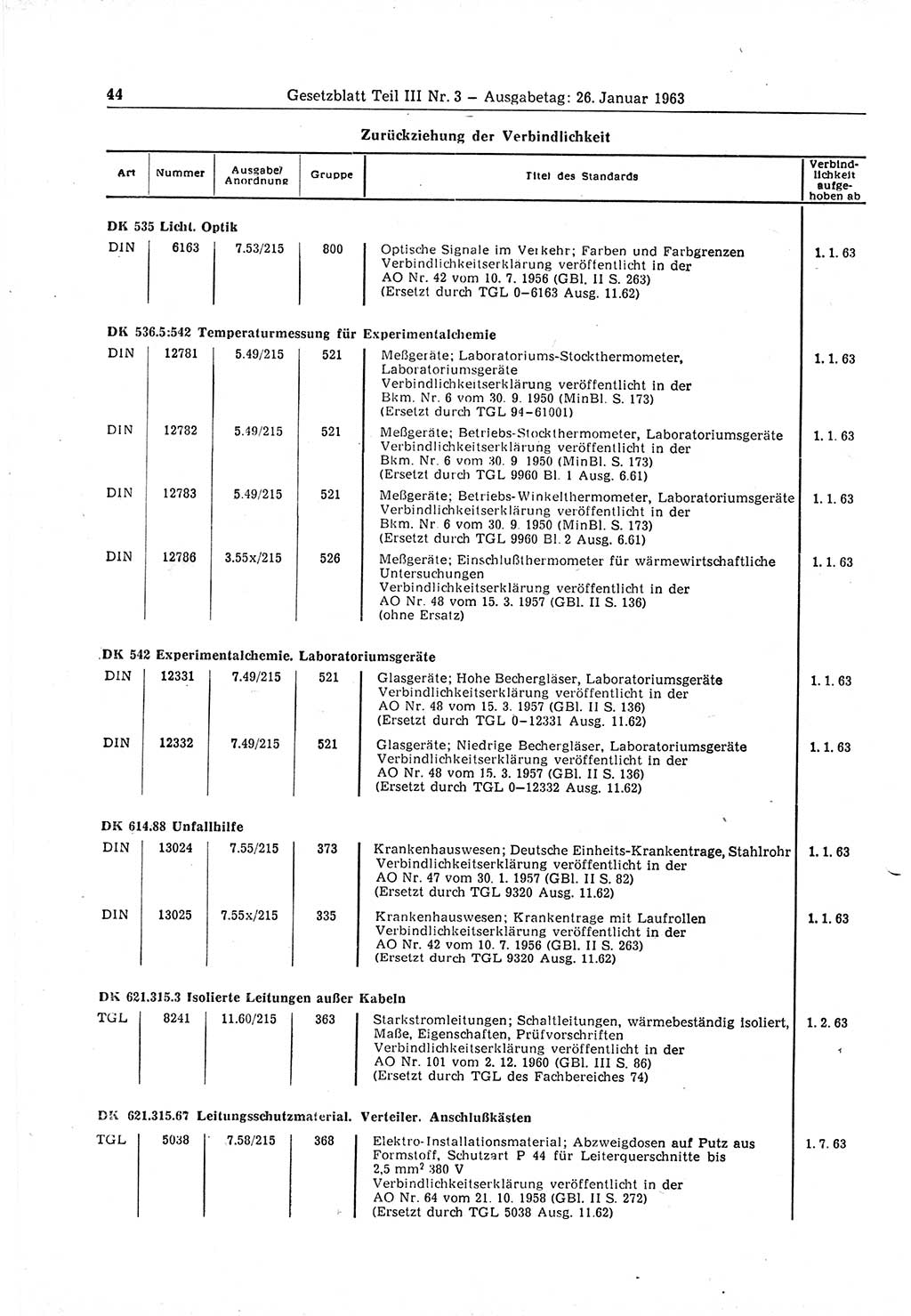 Gesetzblatt (GBl.) der Deutschen Demokratischen Republik (DDR) Teil ⅠⅠⅠ 1963, Seite 44 (GBl. DDR ⅠⅠⅠ 1963, S. 44)