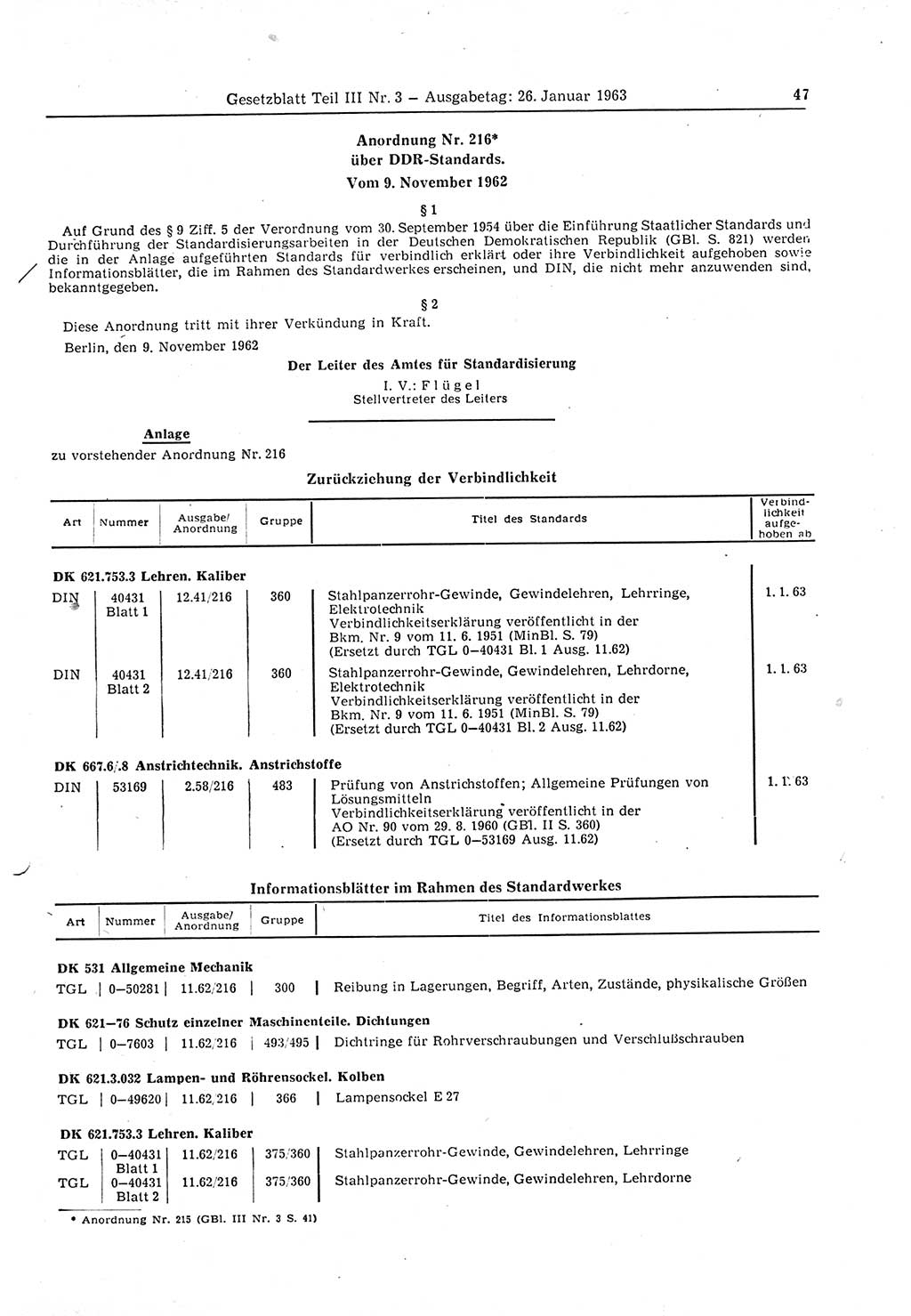 Gesetzblatt (GBl.) der Deutschen Demokratischen Republik (DDR) Teil ⅠⅠⅠ 1963, Seite 47 (GBl. DDR ⅠⅠⅠ 1963, S. 47)
