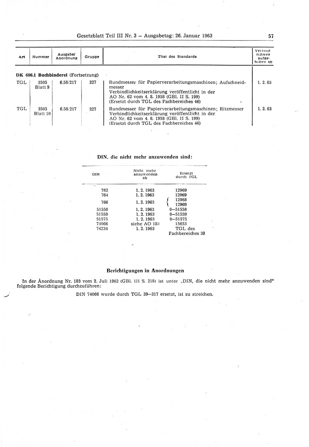Gesetzblatt (GBl.) der Deutschen Demokratischen Republik (DDR) Teil ⅠⅠⅠ 1963, Seite 57 (GBl. DDR ⅠⅠⅠ 1963, S. 57)