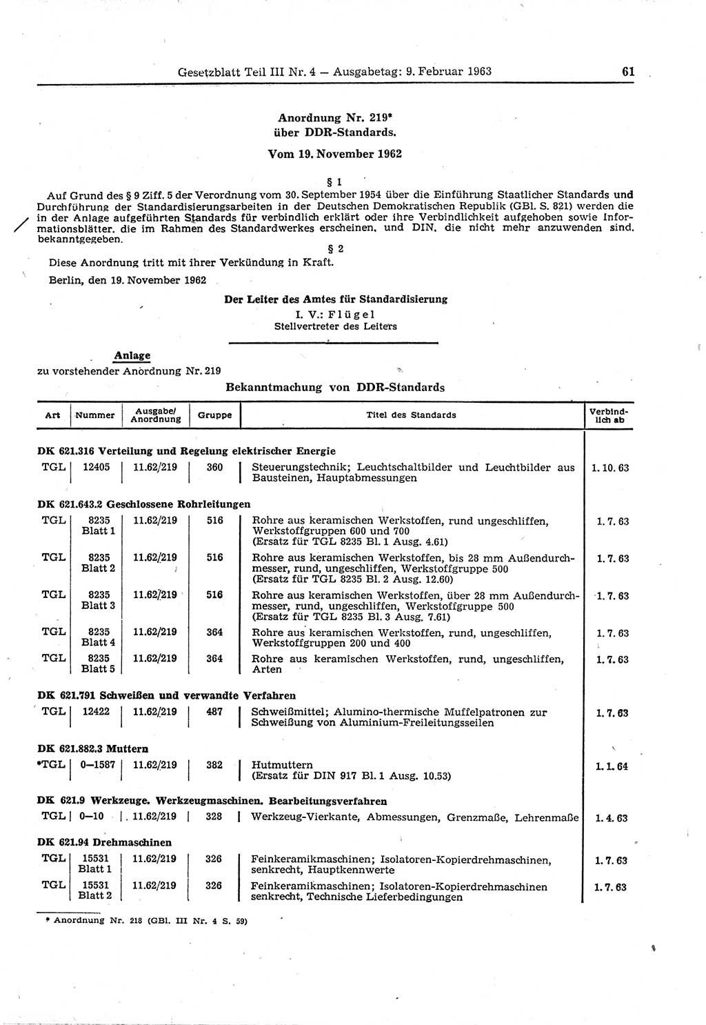 Gesetzblatt (GBl.) der Deutschen Demokratischen Republik (DDR) Teil ⅠⅠⅠ 1963, Seite 61 (GBl. DDR ⅠⅠⅠ 1963, S. 61)