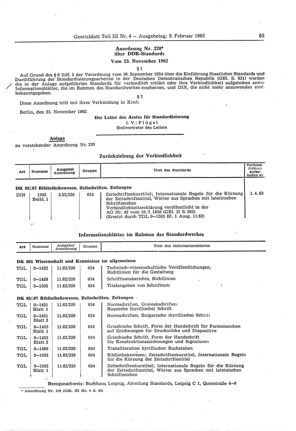 Gesetzblatt (GBl.) der Deutschen Demokratischen Republik (DDR) Teil ⅠⅠⅠ 1963, Seite 65 (GBl. DDR ⅠⅠⅠ 1963, S. 65)