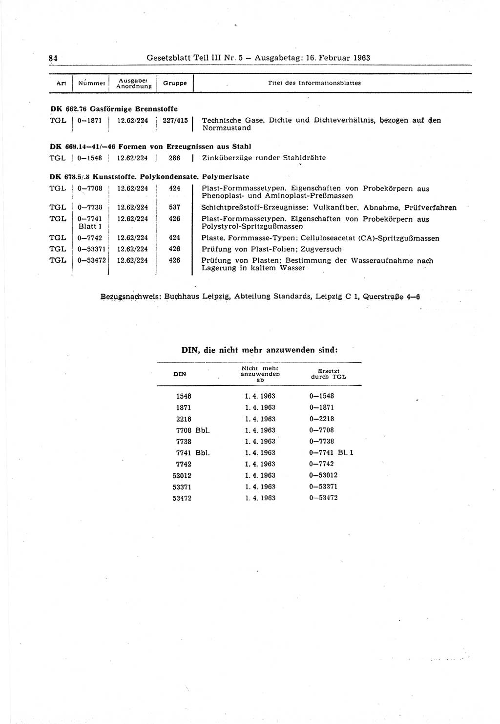 Gesetzblatt (GBl.) der Deutschen Demokratischen Republik (DDR) Teil ⅠⅠⅠ 1963, Seite 84 (GBl. DDR ⅠⅠⅠ 1963, S. 84)