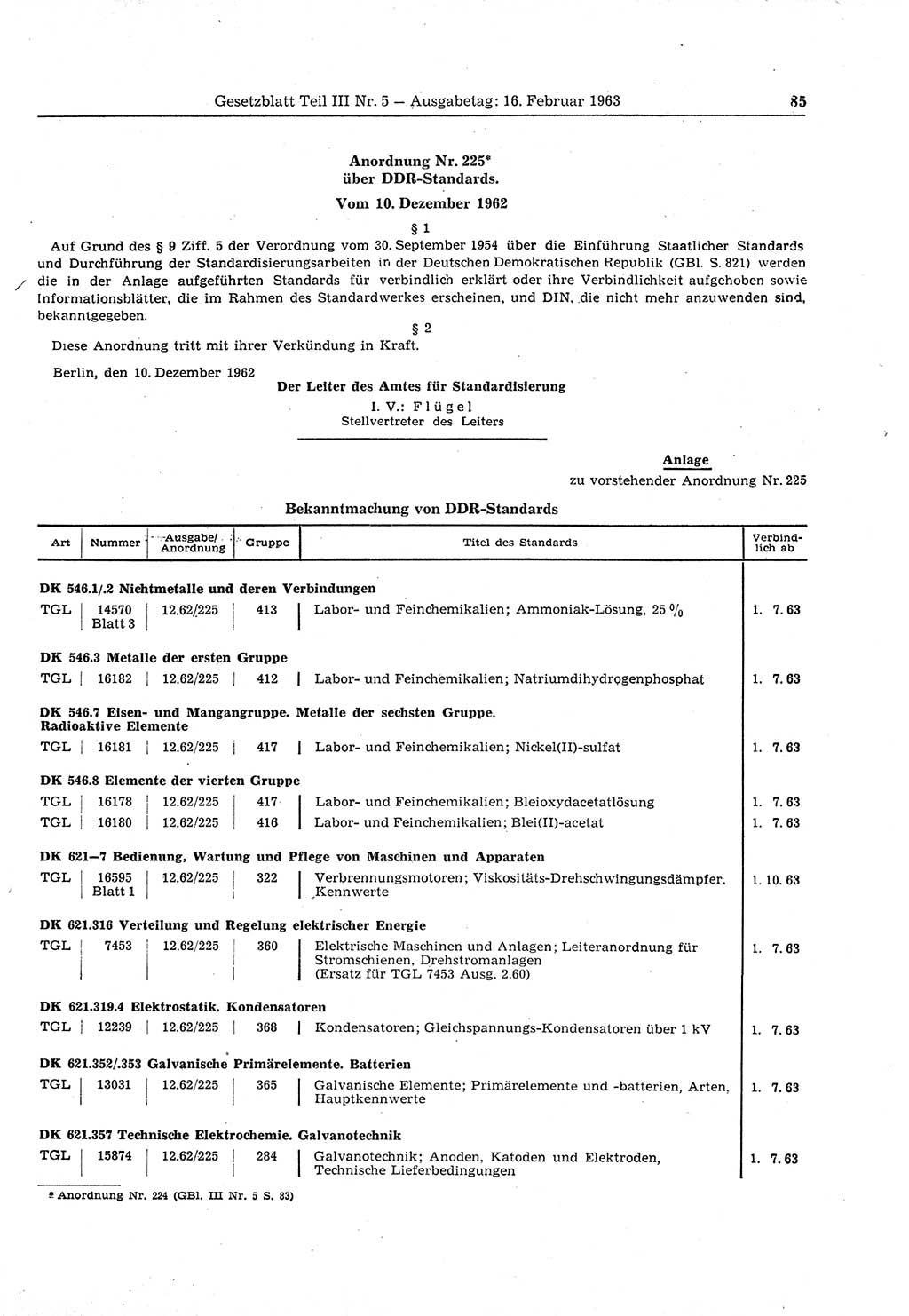 Gesetzblatt (GBl.) der Deutschen Demokratischen Republik (DDR) Teil ⅠⅠⅠ 1963, Seite 85 (GBl. DDR ⅠⅠⅠ 1963, S. 85)