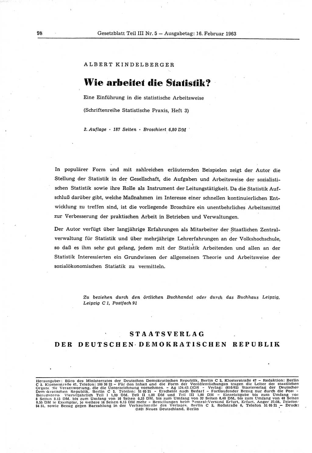 Gesetzblatt (GBl.) der Deutschen Demokratischen Republik (DDR) Teil ⅠⅠⅠ 1963, Seite 98 (GBl. DDR ⅠⅠⅠ 1963, S. 98)