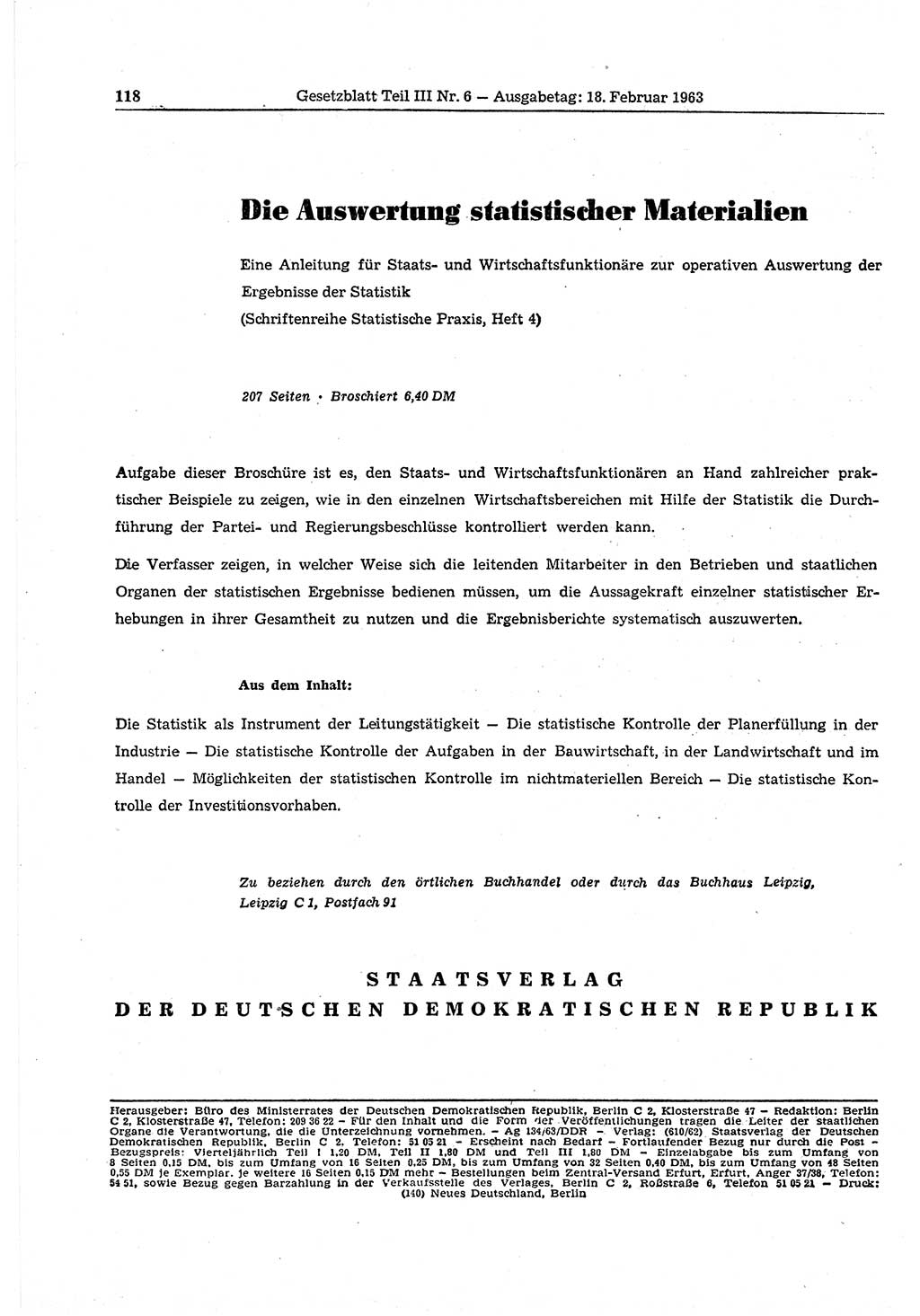 Gesetzblatt (GBl.) der Deutschen Demokratischen Republik (DDR) Teil ⅠⅠⅠ 1963, Seite 118 (GBl. DDR ⅠⅠⅠ 1963, S. 118)