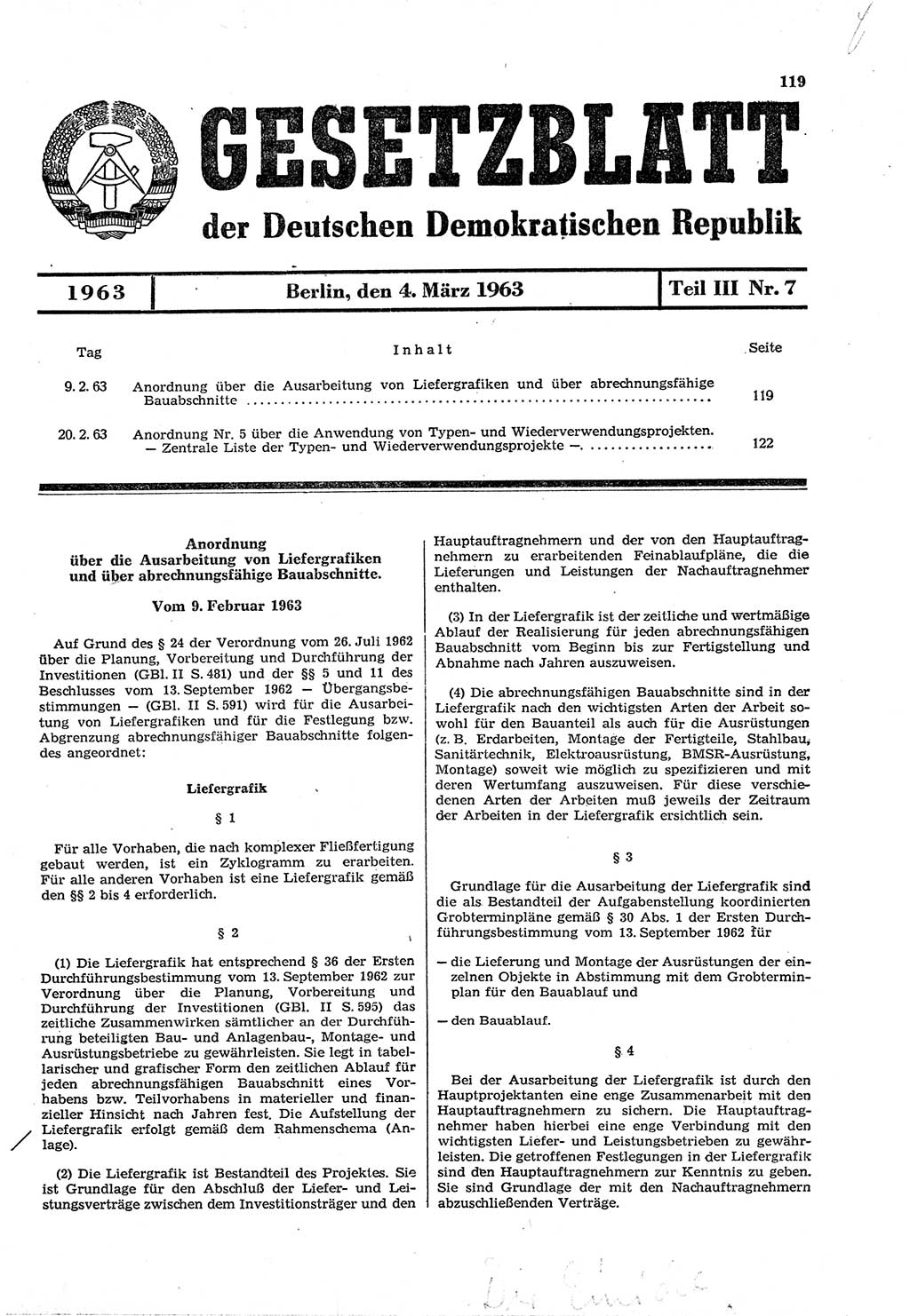 Gesetzblatt (GBl.) der Deutschen Demokratischen Republik (DDR) Teil ⅠⅠⅠ 1963, Seite 119 (GBl. DDR ⅠⅠⅠ 1963, S. 119)