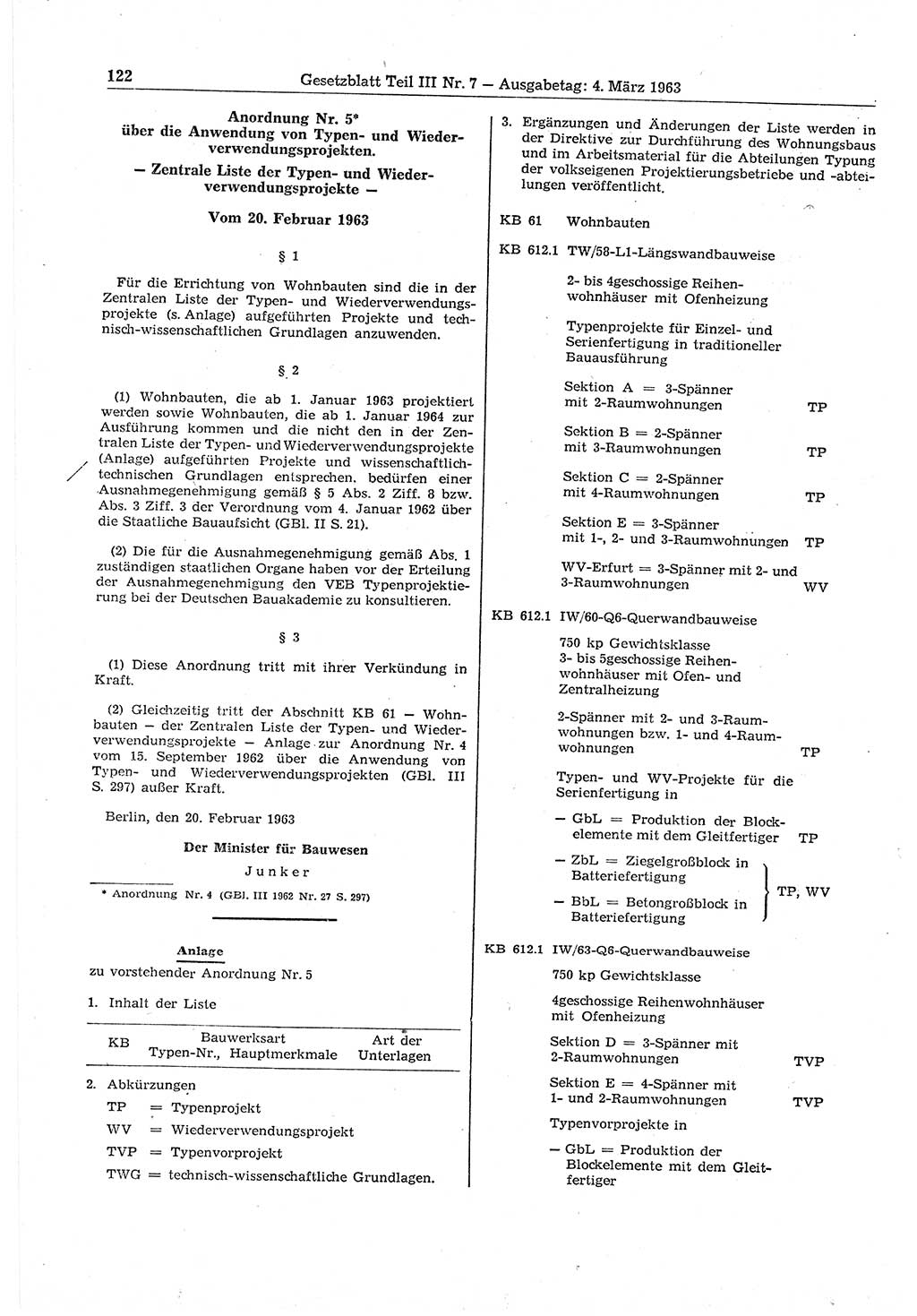 Gesetzblatt (GBl.) der Deutschen Demokratischen Republik (DDR) Teil ⅠⅠⅠ 1963, Seite 122 (GBl. DDR ⅠⅠⅠ 1963, S. 122)