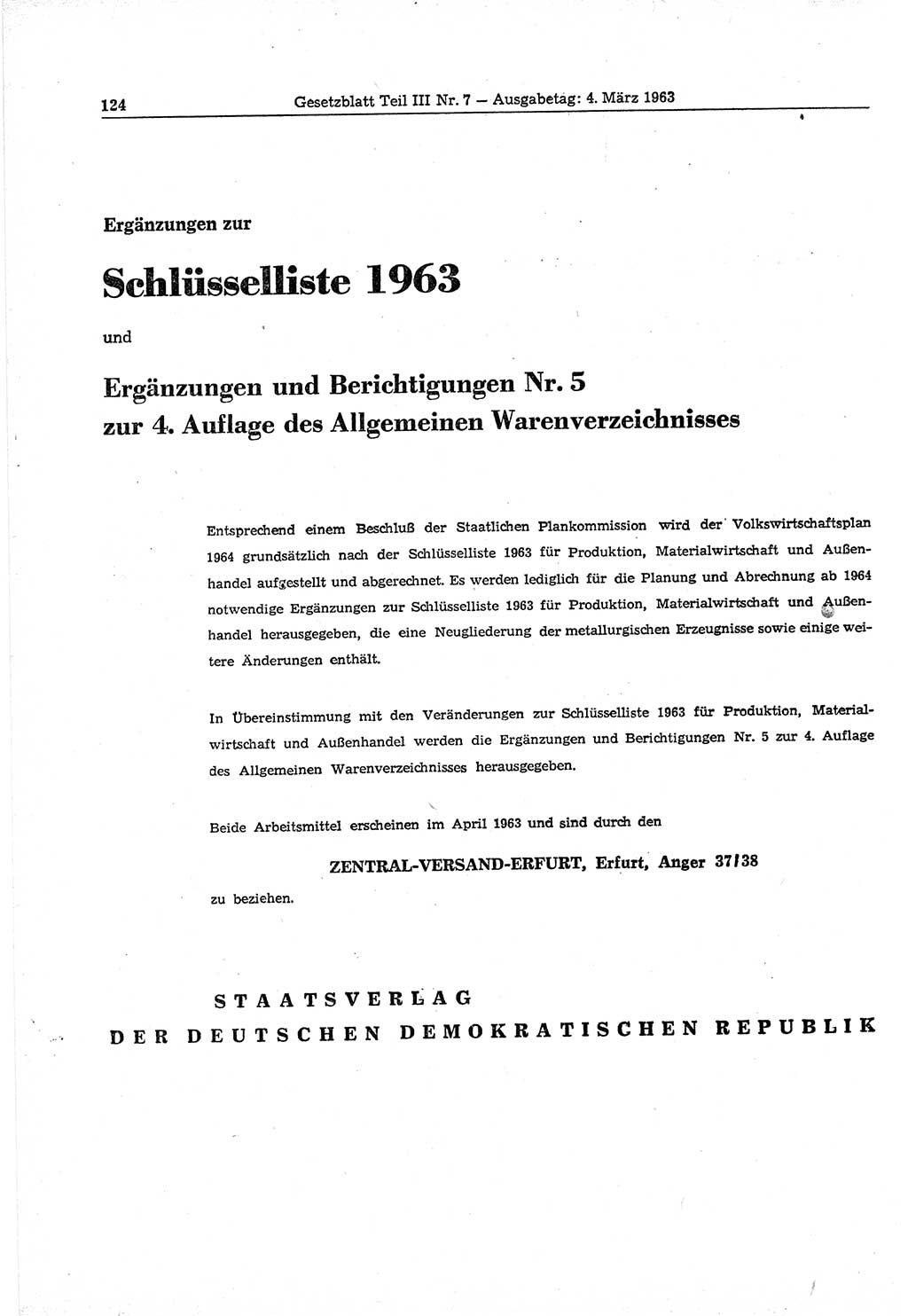 Gesetzblatt (GBl.) der Deutschen Demokratischen Republik (DDR) Teil ⅠⅠⅠ 1963, Seite 124 (GBl. DDR ⅠⅠⅠ 1963, S. 124)